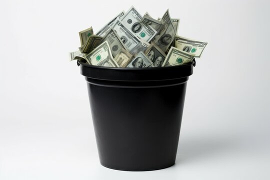 Money dustbin isolated on white background. Banking currency dollar bucket economic. Generate Ai