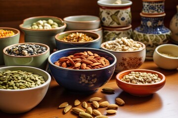 a selection of mixed nuts and seeds in ceramic bowls