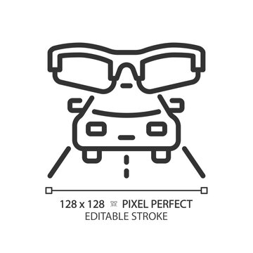 2D pixel perfect editable black car and eyeglasses icon, isolated simple vector, thin line illustration representing eye care.