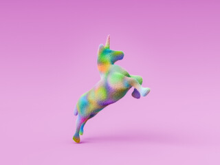 rainbow unicorn jumping on a pink background.
