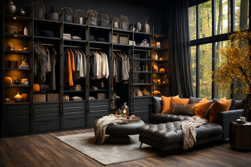 Interior of modern dressing room with black walls, wooden floor . 3d rendering. ia generated
