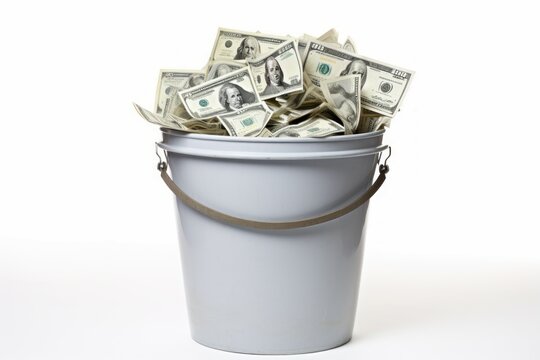 Money in plastic dustbin isolated on white. Dust inflation capital loss economic. Generate Ai