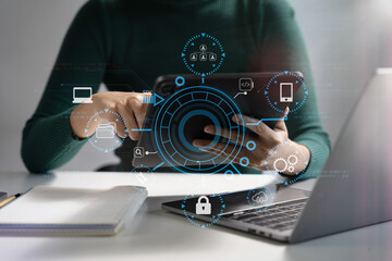 Person using smartphone, tablet  with SDK icon on virtual screen. SDK Software development kit programming language technology concept in office.