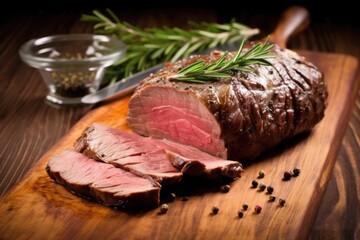 sliced beef roast with scattered rosemary leaves and garlic cloves on a wooden table - obrazy, fototapety, plakaty