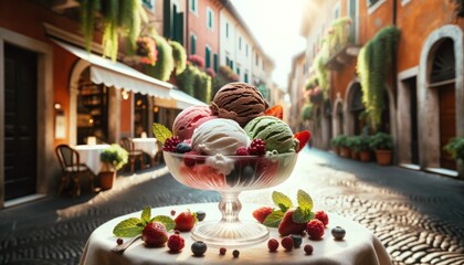  scoops of vibrant gelato flavors, such as strawberry, chocolate, and pistachio, in a classic glass dessert bowl. The scene is adorned with fresh berries and mint leaves, set against a Italian  road - obrazy, fototapety, plakaty