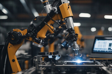 Fototapeta na wymiar Engineer Supervising Robotic Welding: Ensuring Precision and Control of Automated Arms in an Automotive Industrial Factory