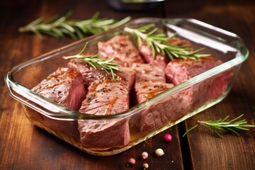 beef roast in a glass baking dish, garnished with rosemary