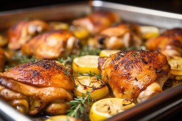 close-up of golden brown roasted chicken thighs