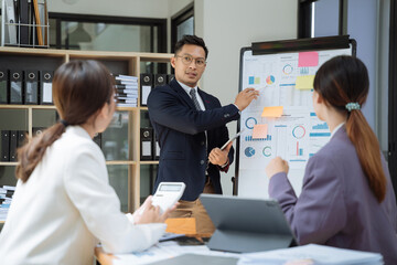 Business meeting account managers crew working search page on computer with new startup project. Idea presentation, analyze plans.