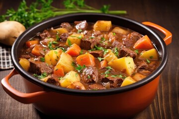 ladling hearty beef stew from pot to serving dish