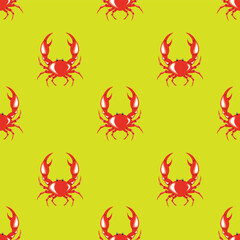 Red crab seamless pattern on colorful background. Vector illustration.