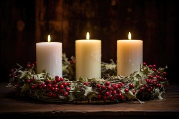 Obraz na płótnie Canvas three white candles burning in a christmas wreath