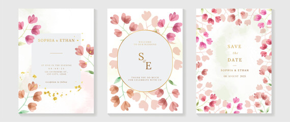 Luxury botanical wedding invitation card template. Watercolor card with colorful flower, foliage, glitter gold. Elegant blossom vector design suitable for banner, cover, invitation.