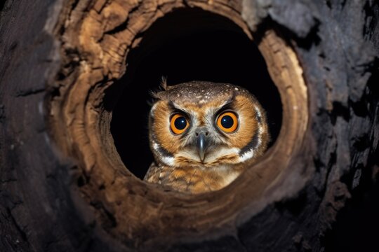 owl hooting from a hollow in a tree at night