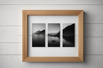 Picture Frame Mockup Featuring Four Square Oak Wooden Frames Set on a Wooden White Wall - Ideal Templates for Showcasing Artwork