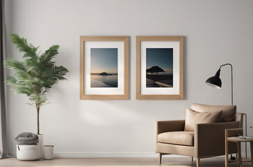 Picture Frame Mockup with Two Vertical Oak Wooden Frames on a White Wall - A Perfect Template for Displaying Artwork in a Modern Room