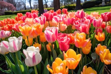 gradient of different colored tulips in a flower bed