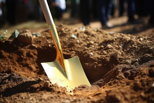 a ceremonial gold-painted spade for a groundbreaking