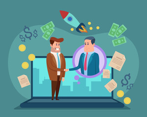 Two business men arranging meeting online. Big laptop, partners shaking hands, discussing startup project and profit. Online business dating, modern technology concept