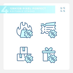 2D pixel perfect blue icons set representing discounts, editable thin line illustration.