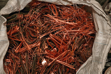 Copper mixed scrap for waste recycling, close-up