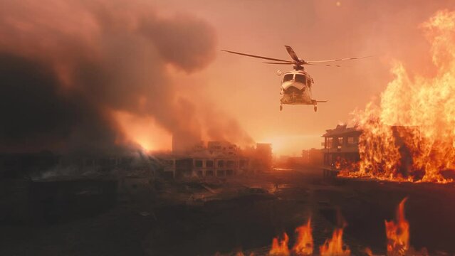 Military, warzone and apocalypse with explosion on battlefield for missile, army and bomb launch. 