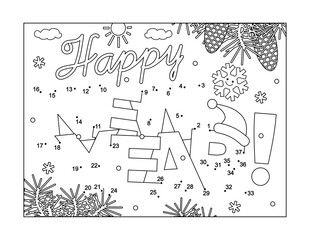 "Happy New Year!" greeting dot-to-dot puzzle and coloring page, sign, poster, banner or activity sheet
