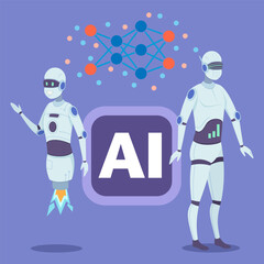 Two humanoid robots vector illustration. Neural connections, AI, digital technology. Machine learning concept