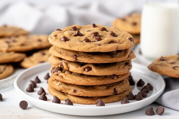 Fototapeta na wymiar stack of chocolate chip cookies on a white plate