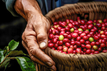 Skilled hands carefully harvest ripe red coffee beans on a lush plantation, showcasing the organic...