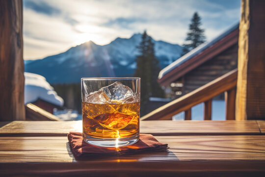 A glass of whiskey served over ice, offering a cold and refreshing alcoholic beverage often enjoyed during the winter, set against a chalet in mountains