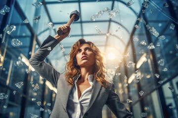 A determined female executive breaking a glass ceiling with hammer, symbolizing her determination and power to overcome obstacles in her career. - obrazy, fototapety, plakaty