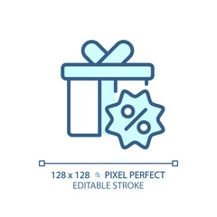 2D pixel perfect editable blue gift hamper icon, isolated monochromatic vector, thin line illustration representing discounts.