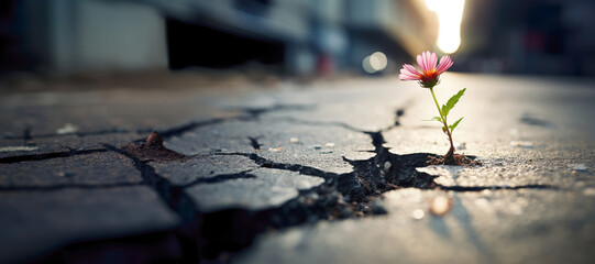 A detailed look at a plant breaking through concrete or cement, symbolizing the tenacity of nature...