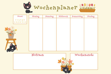 German weekly calendar. German inscriptions means "Weekly planner, Month, Monday, Tuesday, Wednesday, Thursday, Friday,  Notes, Weekend". Vector tropical planner or organizer with cute black kittens 