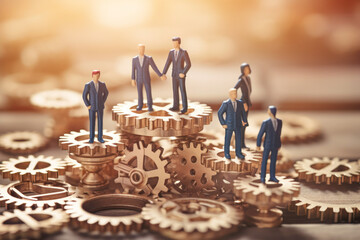 A visual metaphor of mechanical industry cooperation, with figures and gears symbolizing employees working together efficiently to drive progress and success.