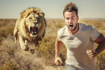 Foto auf Acrylglas a man facing an aggressive male lion in the African savanna, highlighting the danger and strength of the big cat in the wild. © EdNurg