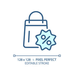 2D pixel perfect editable blue shopping percentage discount icon, isolated monochromatic vector, thin line illustration representing discounts.