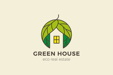 Green House Logo Real Estate Abstract Design Vector. Eco Home Appartments Logotype Concept icon Linear Outline style.