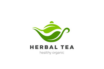 Teapot Leaves Logo Tea Herbal Vector Design template.