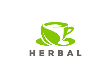 Tea Cup Leaves Logo Herbal Vector Design template.