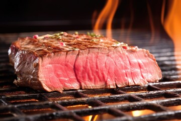 freshly grilled steak cut open, steam rising with pinkish inside visible
