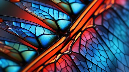 An extreme close-up of a dragonfly's intricate wing pattern, showcasing its remarkable beauty in...