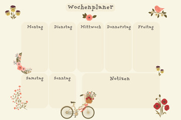 German weekly calendar. German inscriptions means "Weekly planner, Monday, Tuesday, Wednesday, Thursday, Friday, Saturday, Sunday, Notes". Vector planner or organizer with flowers, bird, floral bike