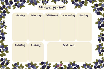 German weekly calendar. German inscriptions means 
