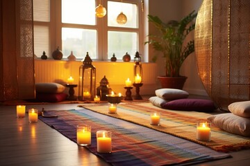 meditation mats and candles in a peaceful room - obrazy, fototapety, plakaty