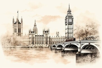 Vintage engraving style sketch illustration of the iconic Big Ben tower, symbolizing London and Great Britain. Generative AI