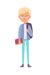 Happy school boy with book and backpack vector illustration. Cartoon young student male character isolated on white background. Back to school, education, college, university, science concept