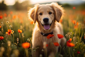 Golen Retriever puppy sitting in summer flower field - obrazy, fototapety, plakaty