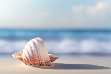 Close-up of seashell on sandy beach with hazy background. Generative AI - obrazy, fototapety, plakaty
